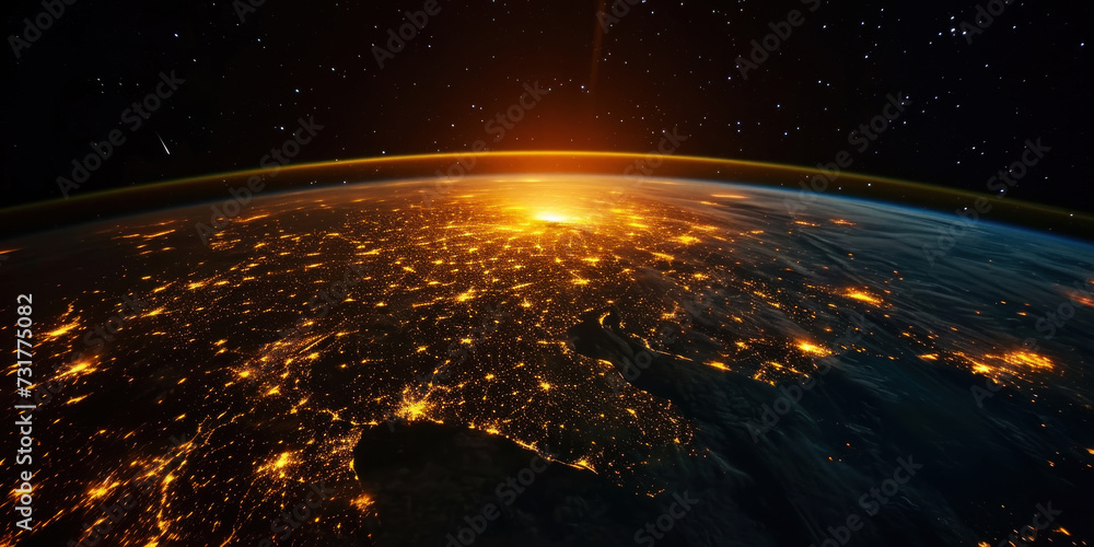 Wall mural big city lights view from space. planet earth globe with night realistic world map. communication co