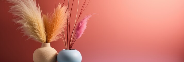 Multicolored vases with dry pampas grass against a textured wall.