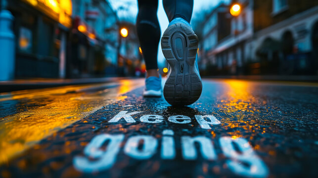 Inspirational jogging moment with Keep going on painted on an asphalt road, focusing on the runners sneakers in a city at sunrise
