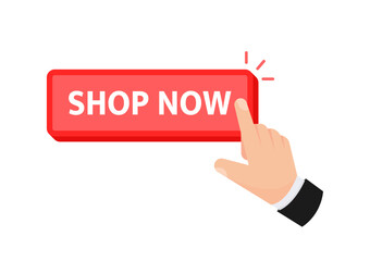 Vector graphic showing a hand touching a Shop Now button, symbolizing online shopping activity