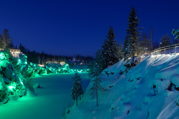Marble Canyon on a January night. Ruskeala Mountain Park. Karelia, Russia