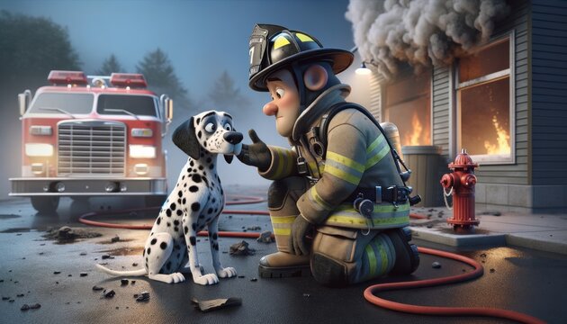 A whimsical, animated style image of a firefighter in full gear looking apologetically at a Dalmatian with soot on its fur.