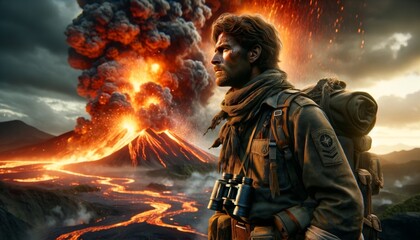 A medium shot of a lone scout with detailed facial expressions, observing a volcanic eruption from afar.