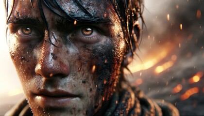 Envision a detailed close-up of a character's face, showing the sweat and soot from the heat of the volcanic environment.