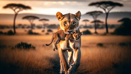 A lioness carrying her cub in her mouth across the savannah.