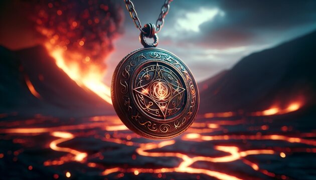 A detailed close-up of a mystical amulet glowing against the backdrop of a fiery eruption.