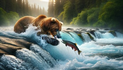 A grizzly bear fishing for salmon in a rushing river, with the bear in mid-action, water splashing...