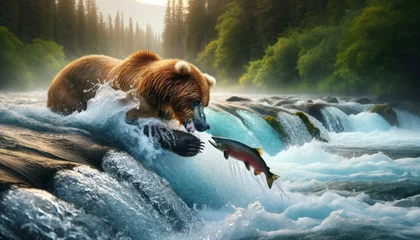 Fototapeten A grizzly bear fishing for salmon in a rushing river, with the bear in mid-action, water splashing around. © FantasyLand86