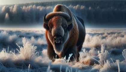 Papier Peint photo autocollant Bison A bison standing in a snowy field with frost on its fur.