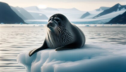 A bearded seal lying on an ice platform with the sea in the background.