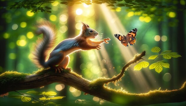 A squirrel reaching for a butterfly on a tree branch.