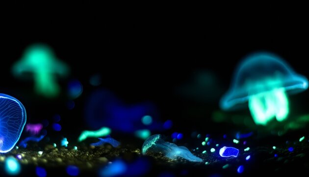 A captivating night scene showcasing bioluminescent sea creatures in the depths of a dark ocean.