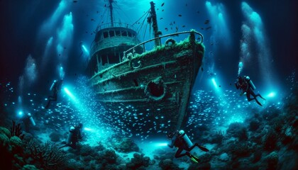 Deep-sea divers exploring a sunken ship surrounded by glowing fish in the depths of the ocean. - obrazy, fototapety, plakaty