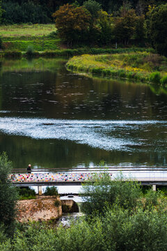 Briey and its serene Sangsue lake, bridge, walking, sports and relaxation activities, Lorraine, France