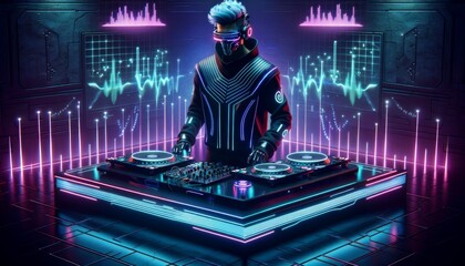 A futuristic cyberpunk style DJ in a minimalistic club setting.