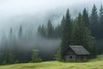 Fototapeta na wymiar lone wooden cabin in a pine forest, morning fog