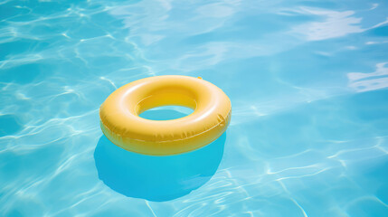 Yellow pool float, ring floating in a refreshing blue swimming pool
