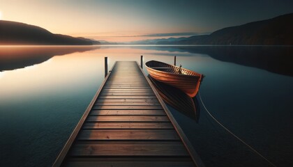 A serene lakeside at dawn, with a minimalist wooden dock extending into the calm water. - Powered by Adobe