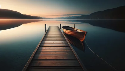 Foto op Canvas A serene lakeside at dawn, with a minimalist wooden dock extending into the calm water. © FantasyLand86
