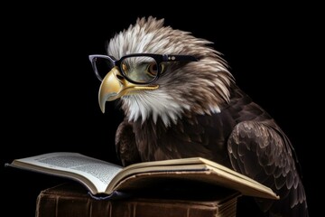 Intelligent eagle wearing glasses engrossed in reading a book, symbolizing knowledge, wisdom, and learning. Generative AI
