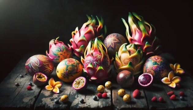A still life image of a variety of exotic fruits such as dragon fruit, star fruit, and passion fruit, arranged artistically on a dark, rustic wooden t.