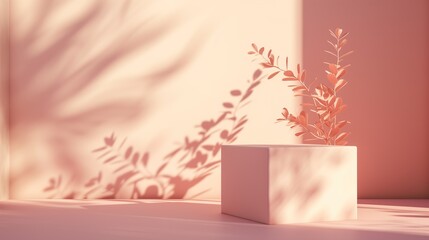 Empty apricot color product podium. Clean interior scene background with sunlight and foliage shadow. Beauty skincare, technology products display. Pedestal stage.