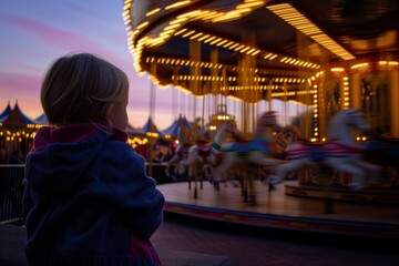 child watching from a distance as the carousel blurs in twilight