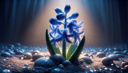 This animated art scene, rendered in a whimsical style in a 16_9 ratio, features a close-up of a single Hyacinth flower with drops of dew on its petal.