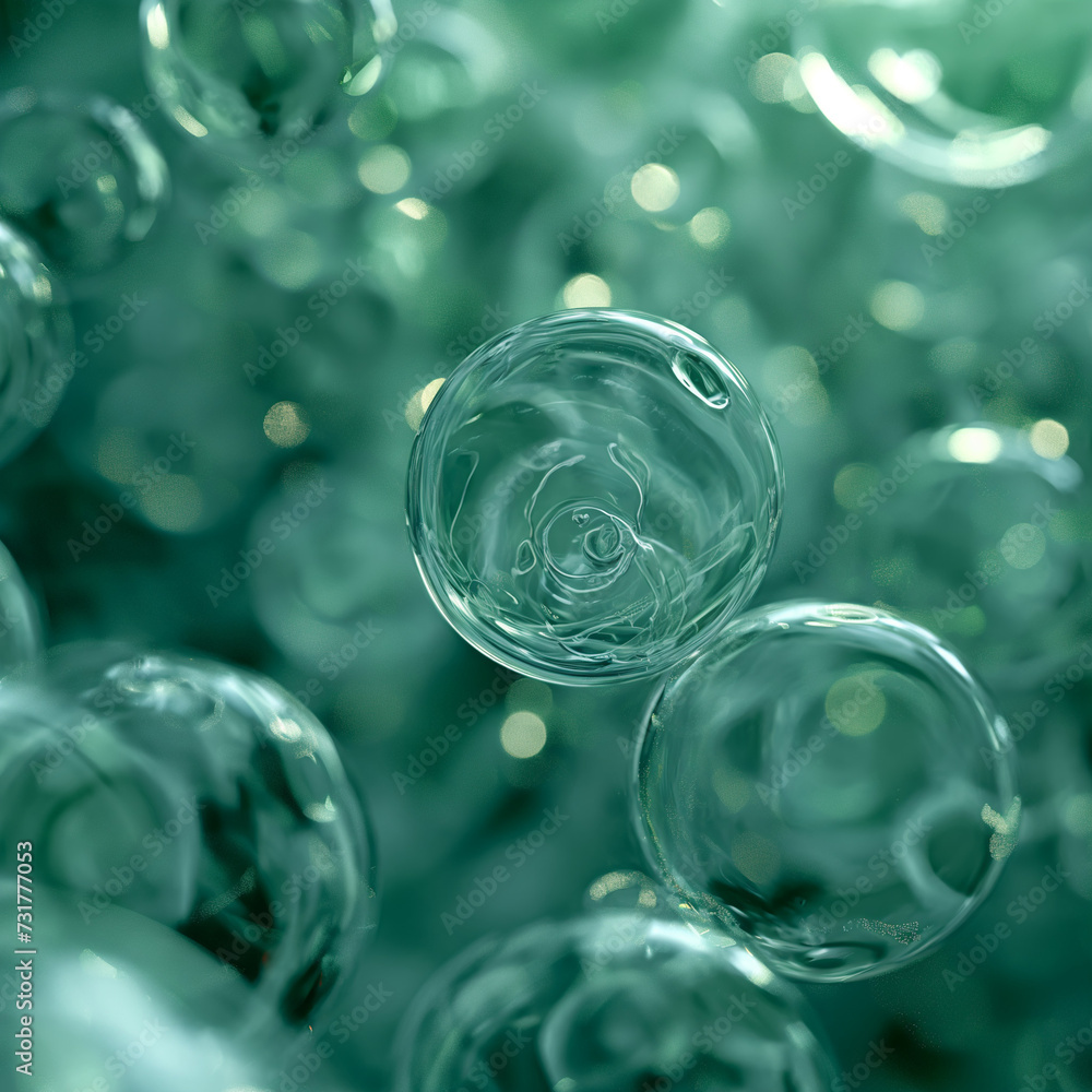 Poster translucent bubbles float in a soft green background, creating a serene and abstract underwater effe