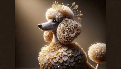 A whimsical animated art style portrait of a poodle with intricate lace-like fur patterns, similar to the delicate designs in the golden jewelry.