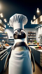 A penguin dressed as a chef with a toque and apron, standing confidently in a gourmet kitchen. - obrazy, fototapety, plakaty