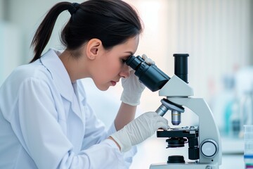 quality control specialist looking through microscope in pharma lab