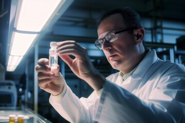 man examining liquid drug in vial under bright factory light