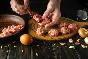 Kneading minced meat by the chef hands to prepare meatballs. Work environment with vegetables and...