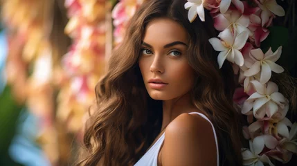Muurstickers Beautiful girl in a wreath of Plumerias against a background of blurred palm trees © brillianata