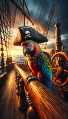 A parrot as a pirate, complete with a hat and eye patch, perched on the railing of a ship deck.
