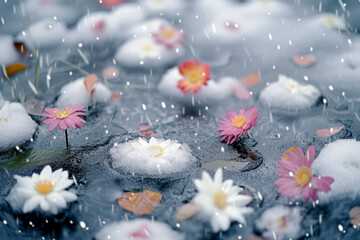The Beautiful Sight of Flowers Floating Amidst the Snow. The Elegance of the Flowers Adds Color to the Snowy Landscape.