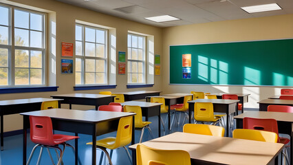 picture collage of a classroom interior with school desks and chairs for teaching-learning students Generative Ai