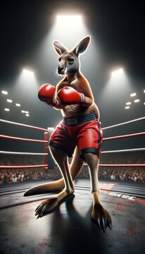 A kangaroo in boxing gloves and athletic shorts, standing in a boxing ring ready to spar.