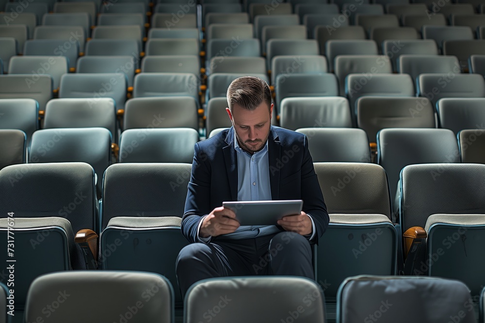 Wall mural businessman working on tablet in a sea of empty seats