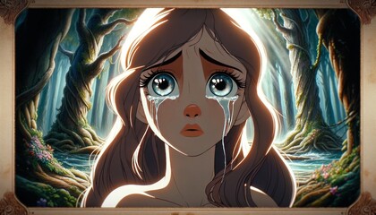 A traditional 2D animation style image capturing Echo's tearful face as she realizes her love for Narcissus will never be reciprocated.