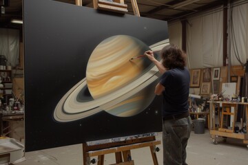 artist painting a realistic saturn on a large canvas in a studio