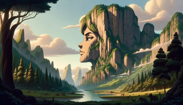 A traditional 2D animation style image showcasing the landscape with a cliff face subtly resembling Echo's profile, as if she's become part of the ter.