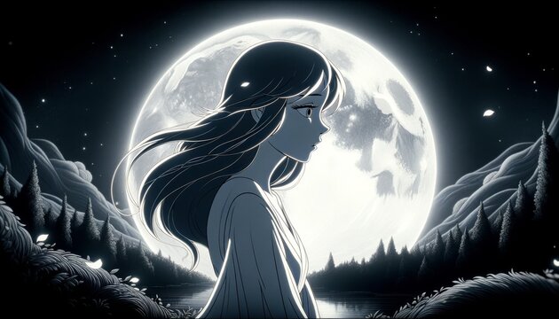 A traditional 2D animation style image of Echo looking towards the moon, seeking solace in its silent presence.