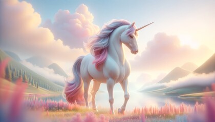 Obraz na płótnie Canvas A photorealistic image of a unicorn in soft pastel shades, suitable for gentle and calming themes.