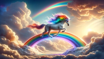 A photorealistic image of a unicorn crossing a magical rainbow bridge, evoking whimsy and adventure.