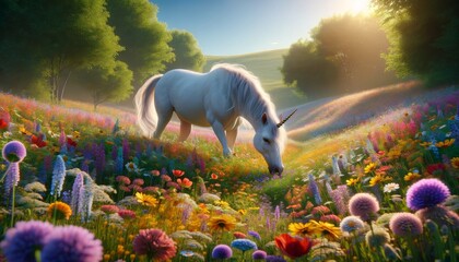 A photorealistic image of a peaceful scene of a unicorn grazing in a vibrant, wildflower meadow. - obrazy, fototapety, plakaty