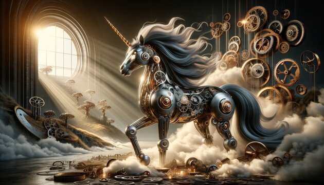 A photorealistic image of a steampunk unicorn, merging fantasy with industrial aesthetics.