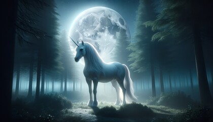 Obraz na płótnie Canvas A photorealistic image of a unicorn bathed in the soft light of a full moon, creating a serene nighttime scene.