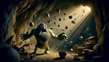 A whimsical, animated art style scene depicting the dramatic moment Polyphemus discovers his rage upon realizing Odysseus' trick.
